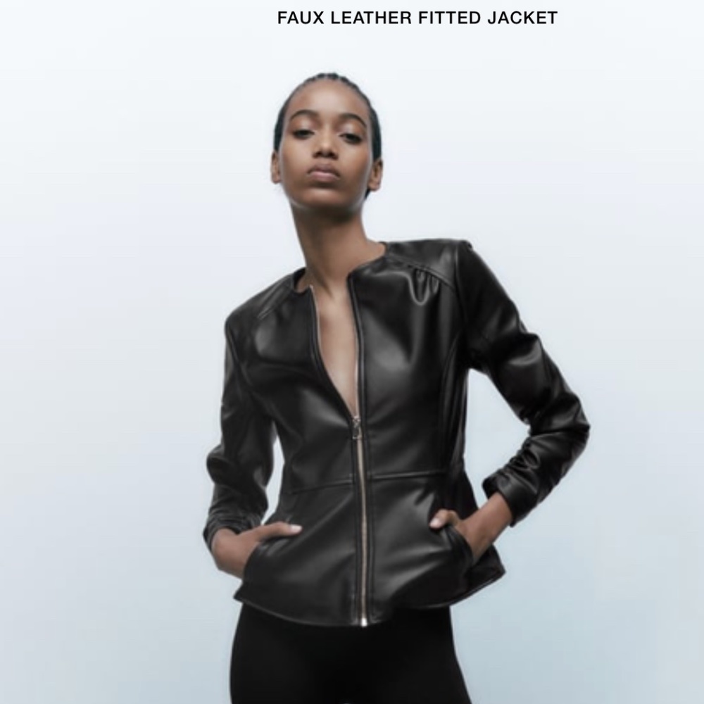Zara collarless faux leather fitted jacket NWT